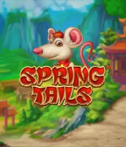 A whimsical illustration of a white rat dressed in traditional Chinese attire positioned in front of a scenic mountain backdrop. The image represents the Spring Tails Slot by Betsoft, showcased with striking red and gold logo lettering.